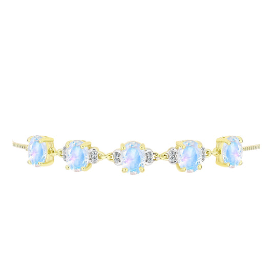 Pulseira de Prata com Banho de Ouro com Pedra da Lua Arco-íris e Topázio Branco  Contraste: Cabeca de Veado (800)