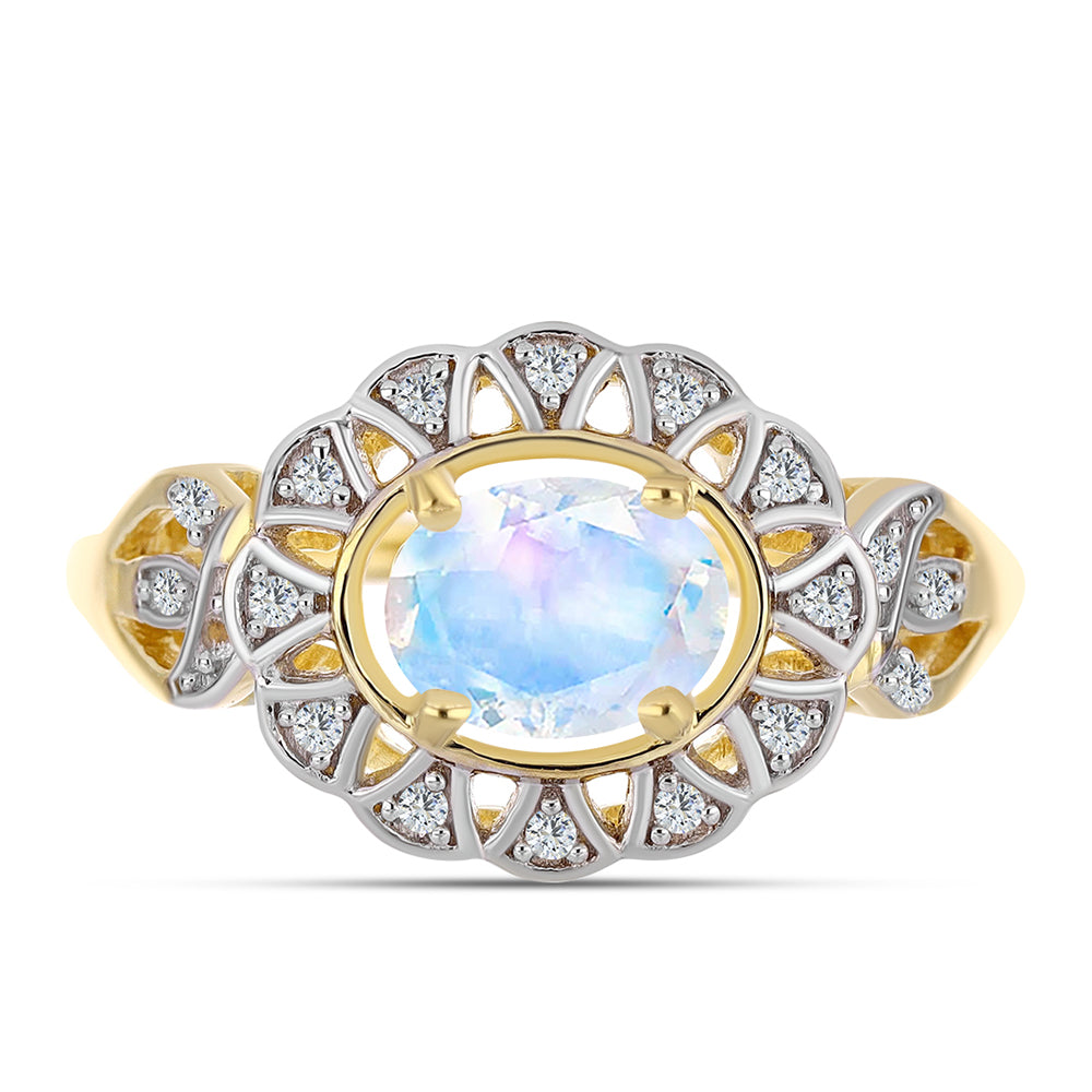 Anel de Prata com Banho de Ouro com Pedra da Lua Arco-íris e Topázio Branco  Contraste: Cabeca de Veado (800)