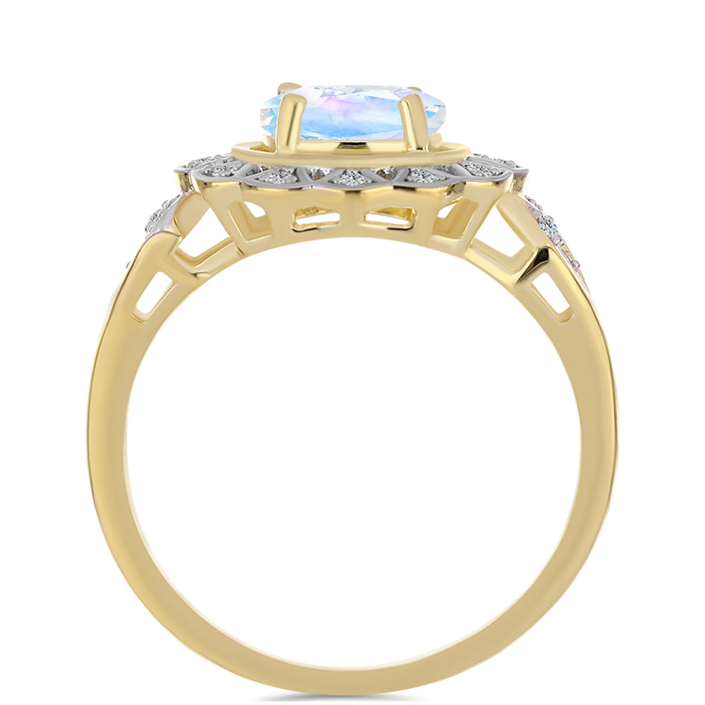 Anel de Prata com Banho de Ouro com Pedra da Lua Arco-íris e Topázio Branco  Contraste: Cabeca de Veado (800) 2 