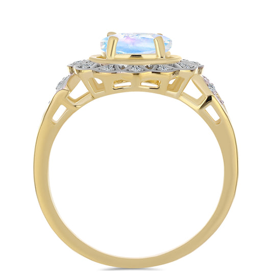 Anel de Prata com Banho de Ouro com Pedra da Lua Arco-íris e Topázio Branco  Contraste: Cabeca de Veado (800)