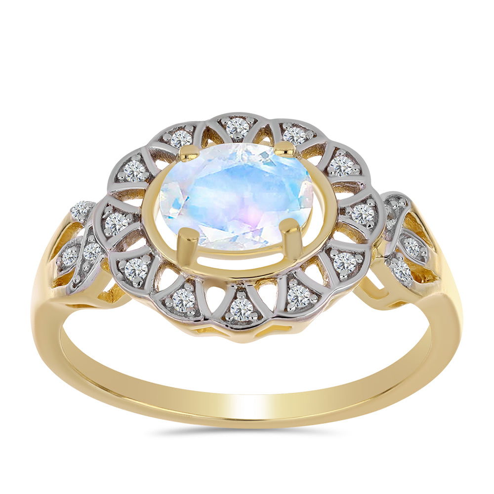 Anel de Prata com Banho de Ouro com Pedra da Lua Arco-íris e Topázio Branco  Contraste: Cabeca de Veado (800) 3 