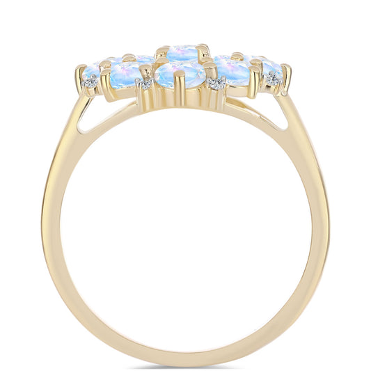 Anel de Prata com Banho de Ouro com Pedra da Lua Arco-íris e Topázio Branco  Contraste: Cabeca de Veado (800)