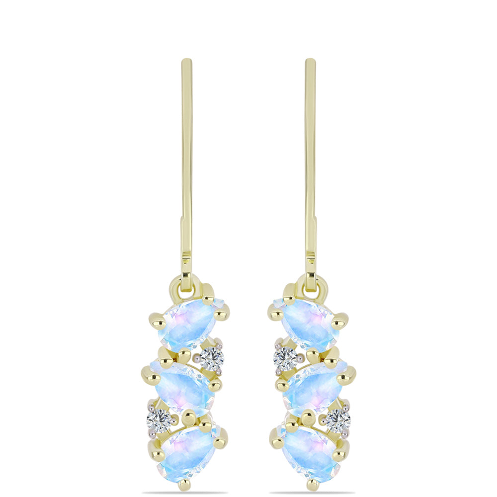 Brincos de Prata com Banho de Ouro com Pedra da Lua Arco-íris e Topázio Branco