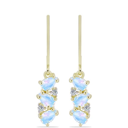 Brincos de Prata com Banho de Ouro com Pedra da Lua Arco-íris e Topázio Branco