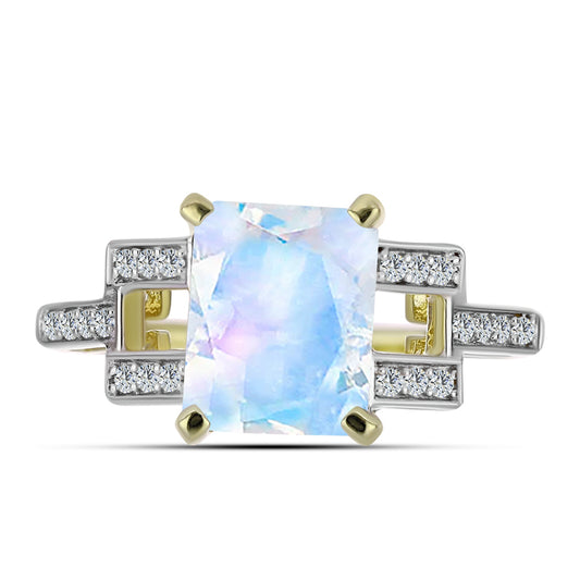 Anel de Prata com Banho de Ouro com Pedra da Lua Arco-íris e Topázio Branco  Contraste: Cabeca de Veado (800)