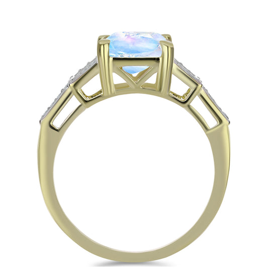 Anel de Prata com Banho de Ouro com Pedra da Lua Arco-íris e Topázio Branco  Contraste: Cabeca de Veado (800)