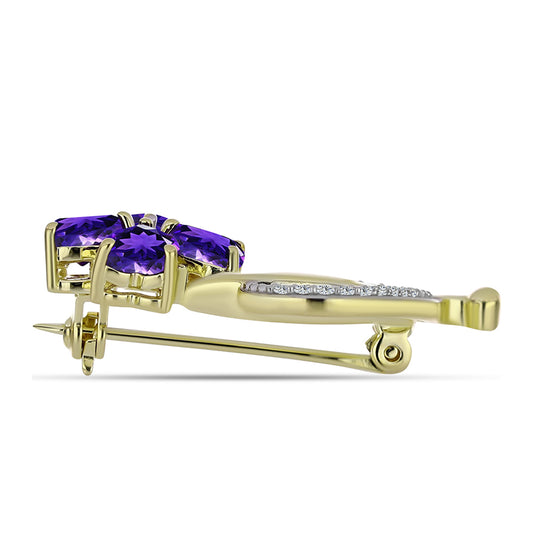 Alfinete de Prata com Banho de Ouro com Ametista de Marrocos e Topázio Branco  Contraste: Cabeca de Veado (800)