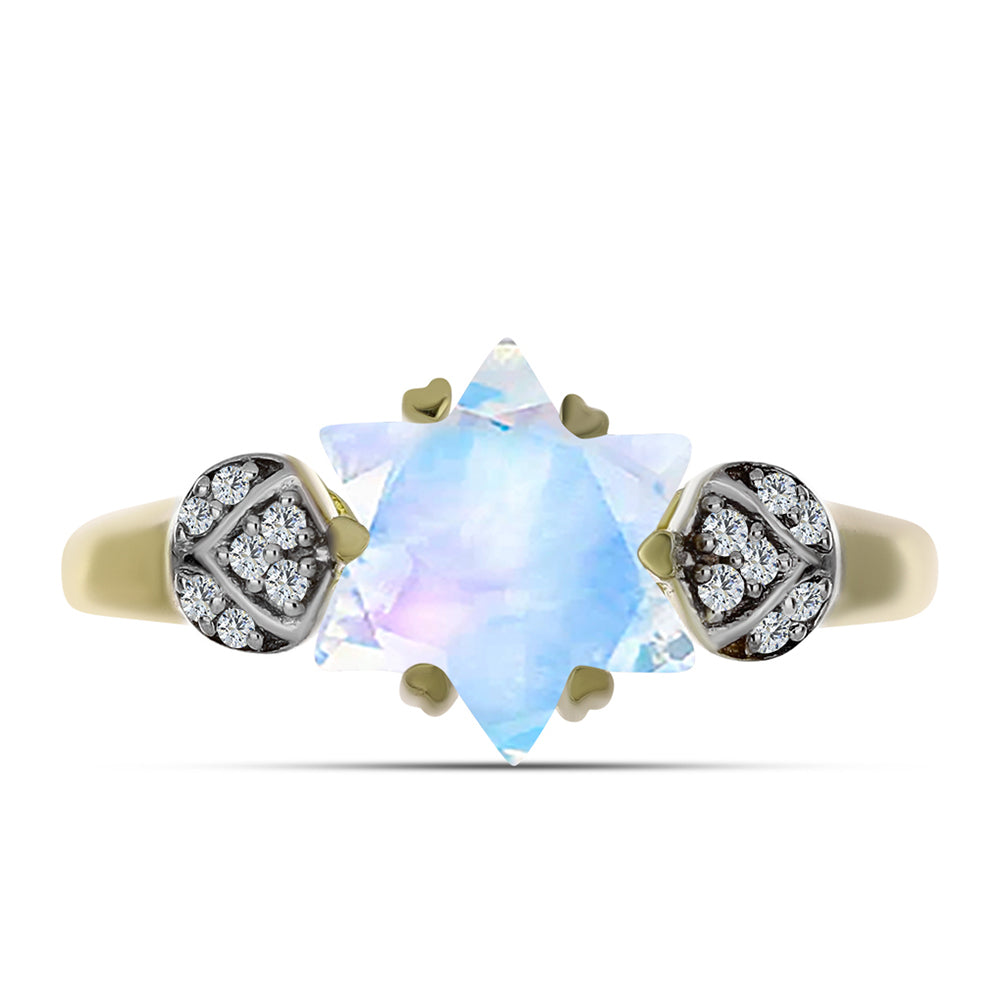 Anel de Prata com Banho de Ouro com Pedra da Lua Arco-íris e Topázio Branco 1 