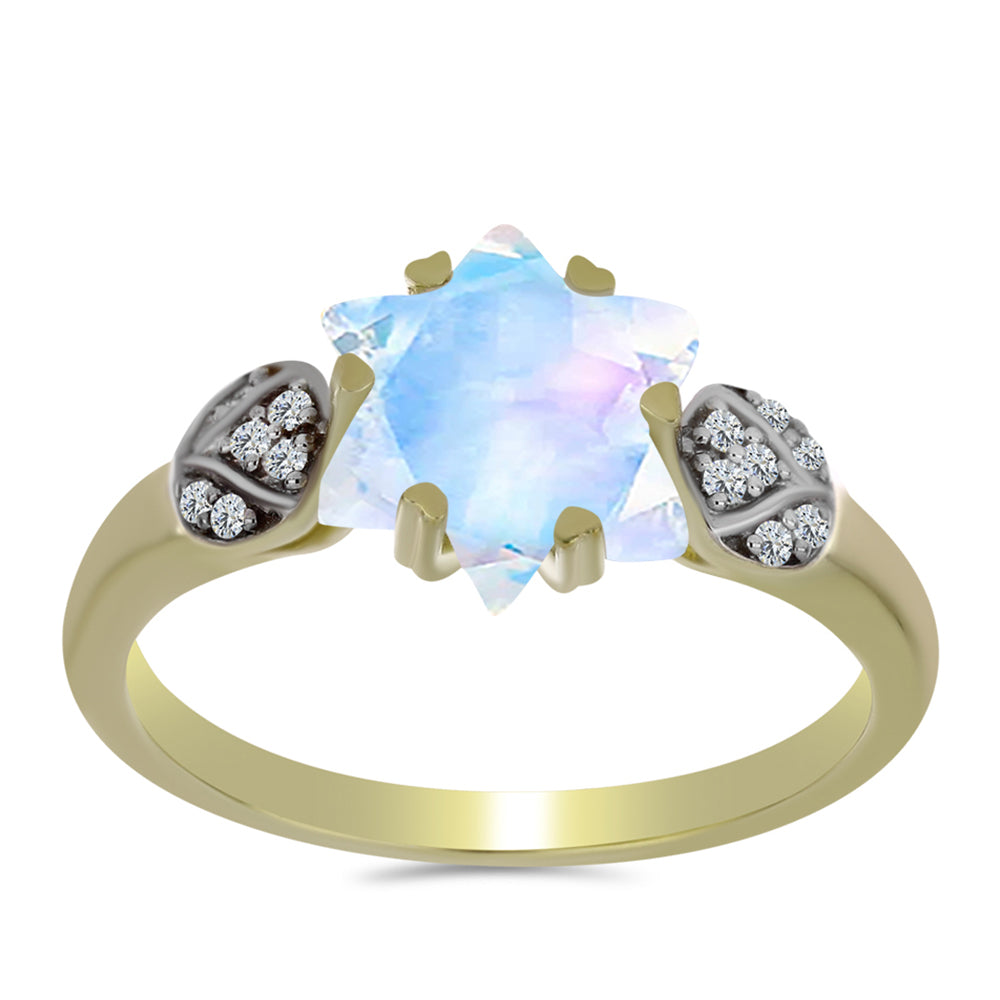 Anel de Prata com Banho de Ouro com Pedra da Lua Arco-íris e Topázio Branco 3 