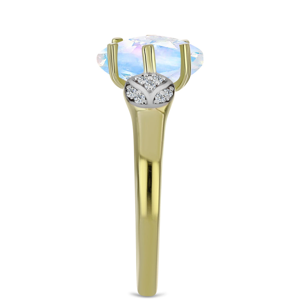 Anel de Prata com Banho de Ouro com Pedra da Lua Arco-íris e Topázio Branco 4 
