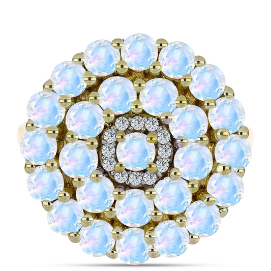 Anel de Prata com Banho de Ouro com Pedra da Lua Arco-íris e Topázio Branco  Contraste: Cabeca de Veado (800)
