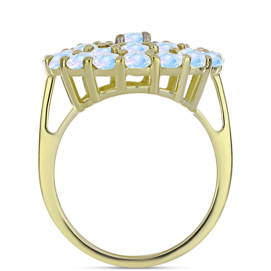 Anel de Prata com Banho de Ouro com Pedra da Lua Arco-íris e Topázio Branco  Contraste: Cabeca de Veado (800)