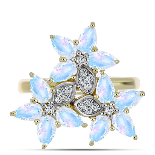 Anel de Prata com Banho de Ouro com Pedra da Lua Arco-íris e Topázio Branco  Contraste: Cabeca de Veado (800)
