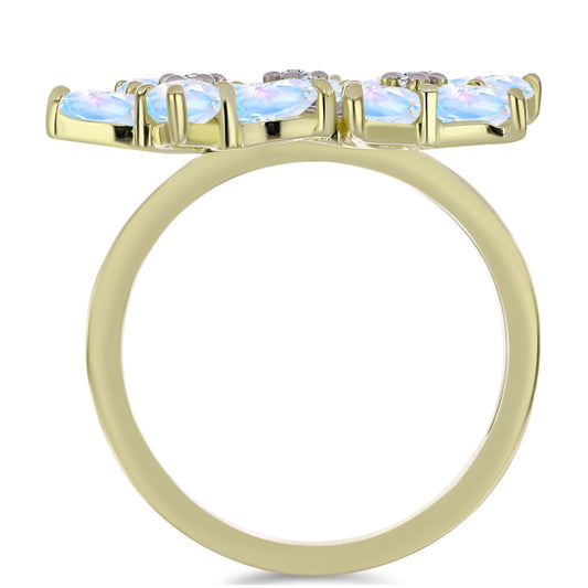Anel de Prata com Banho de Ouro com Pedra da Lua Arco-íris e Topázio Branco  Contraste: Cabeca de Veado (800)