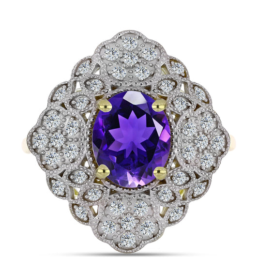 Anel de Prata com Banho de Ouro com Ametista de Marrocos e Topázio Branco  Contraste: Cabeca de Veado (800)