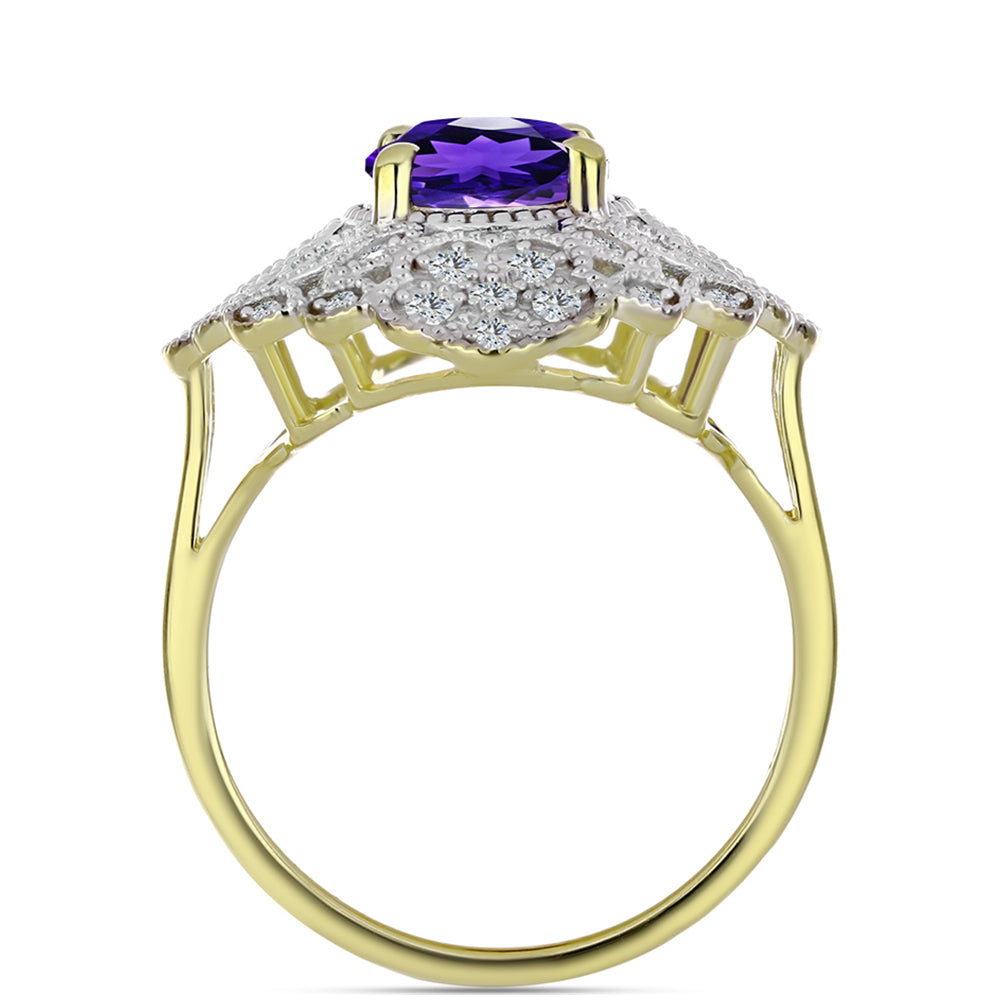 Anel de Prata com Banho de Ouro com Ametista de Marrocos e Topázio Branco  Contraste: Cabeca de Veado (800)