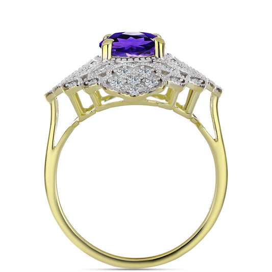 Anel de Prata com Banho de Ouro com Ametista de Marrocos e Topázio Branco  Contraste: Cabeca de Veado (800)