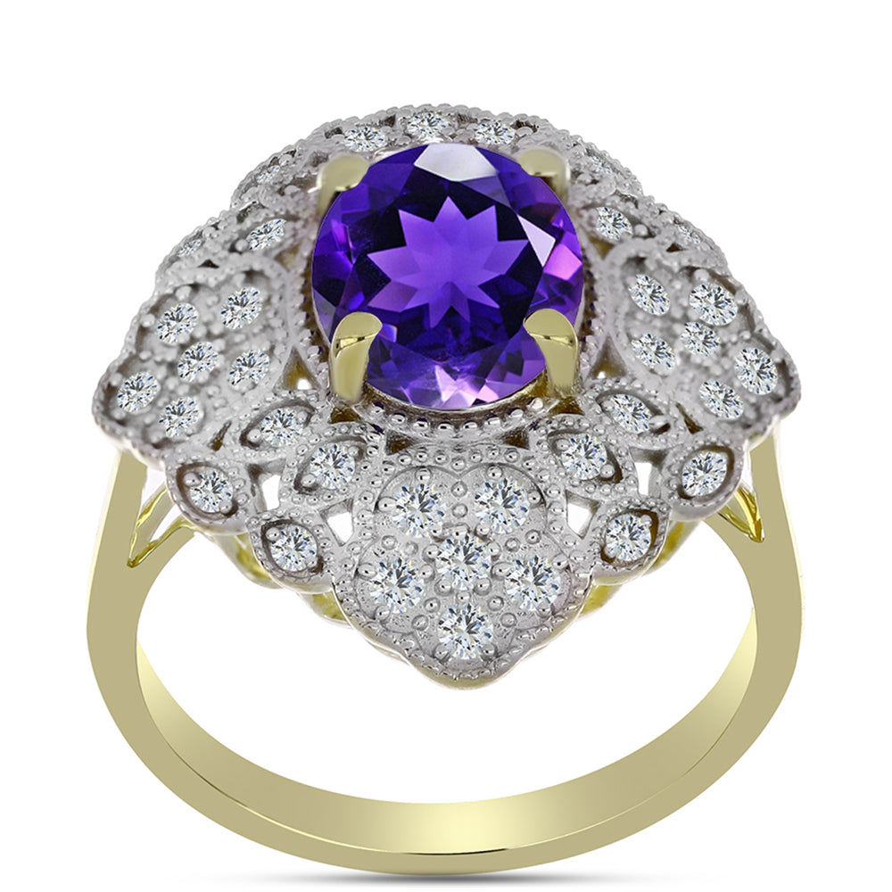 Anel de Prata com Banho de Ouro com Ametista de Marrocos e Topázio Branco  Contraste: Cabeca de Veado (800) 3 