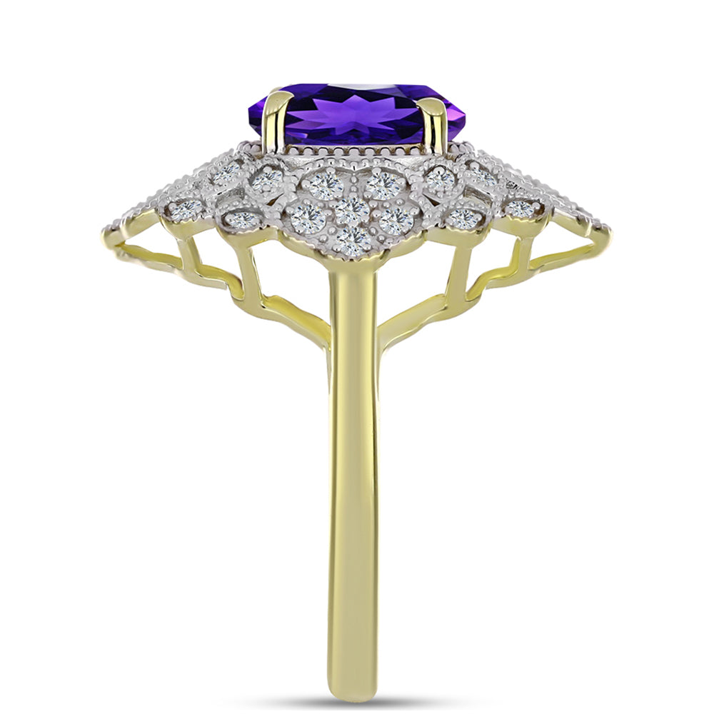 Anel de Prata com Banho de Ouro com Ametista de Marrocos e Topázio Branco  Contraste: Cabeca de Veado (800)