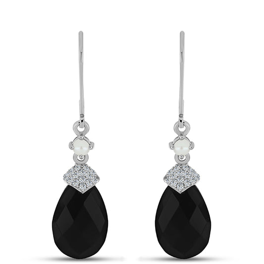 Brincos de Prata com Obsidiana e Pérola de Água Doce Branca