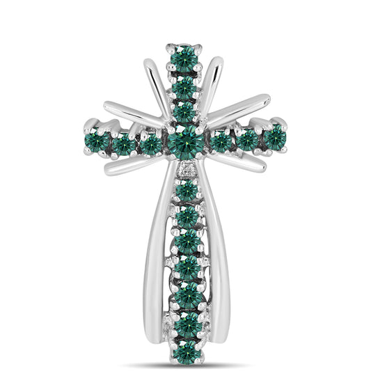 Cruz Pendente de Prata com Moissanite Azul Mar Esverdeado