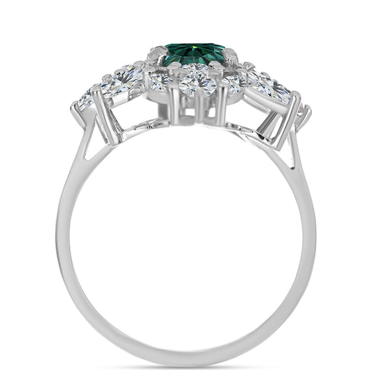 Anel de Prata com Moissanite Azul Mar Esverdeado e Topázio Branco  Contraste: Cabeca de Veado (800)