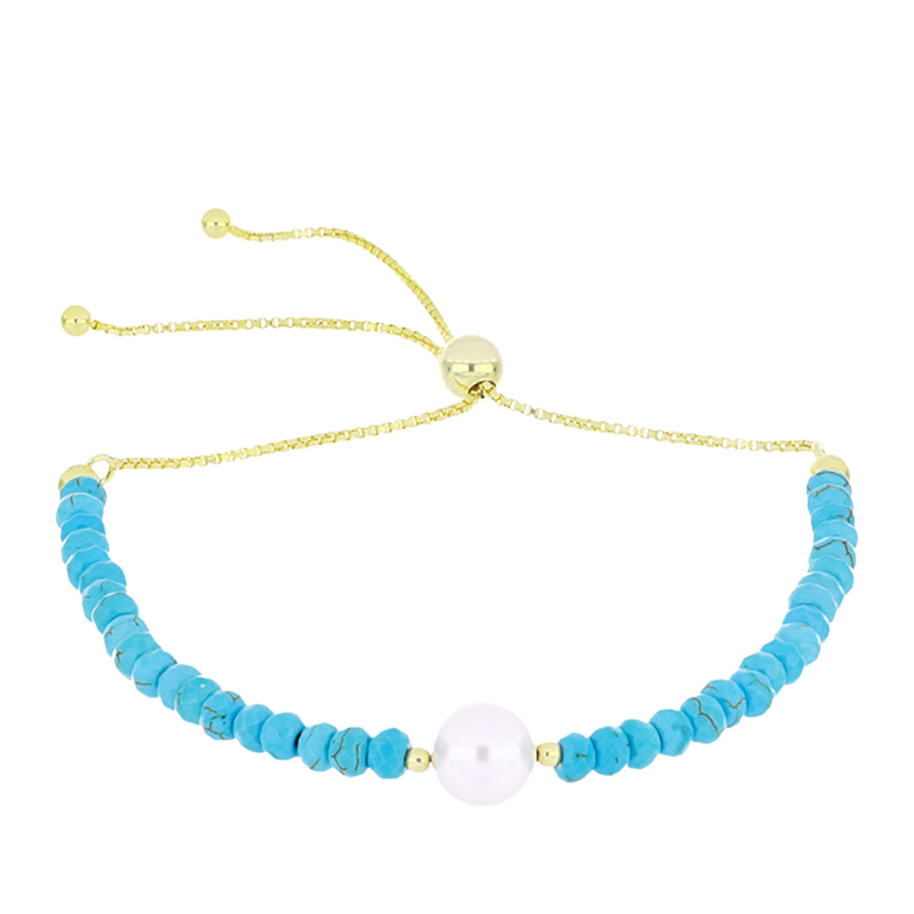Pulseira de Prata com Banho de Ouro com Turquesa Bela Adormecida e Pérola de Água Doce Branca 1 