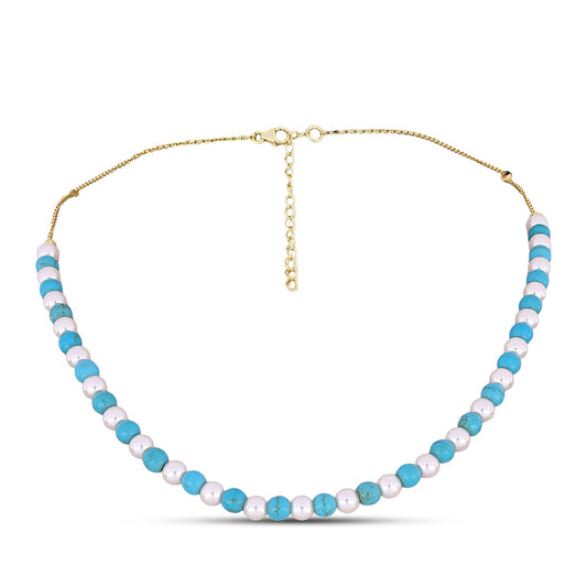 Colar de Prata com Banho de Ouro com Turquesa Bela Adormecida e Pérola de Água Doce Branca