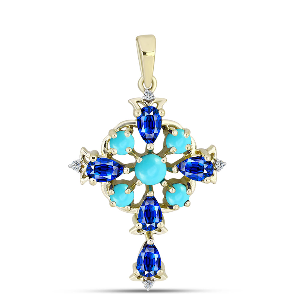 Cruz Pendente de Prata com Banho de Ouro com Turquesa Bela Adormecida e Safira Azul Australiana 1 