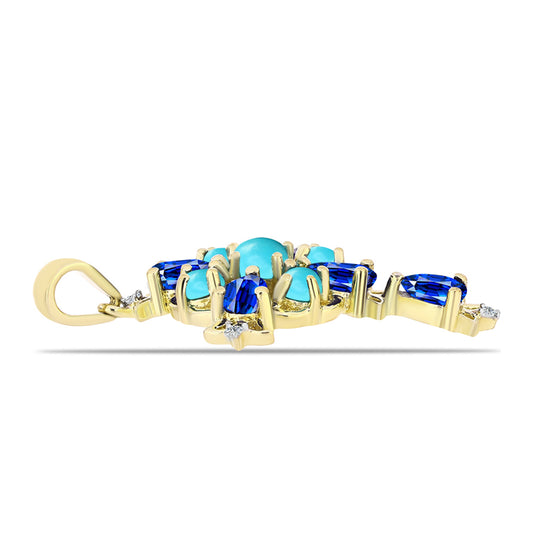 Cruz Pendente de Prata com Banho de Ouro com Turquesa Bela Adormecida e Safira Azul Australiana