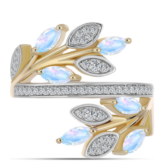 Anel de Prata com Banho de Ouro com Pedra da Lua Arco-íris e Topázio Branco  Contraste: Cabeca de Veado (800)