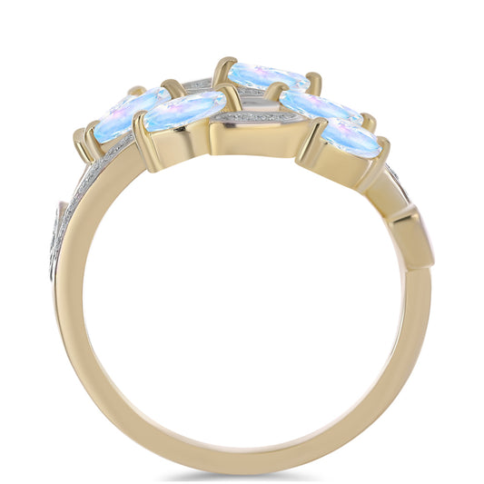 Anel de Prata com Banho de Ouro com Pedra da Lua Arco-íris e Topázio Branco  Contraste: Cabeca de Veado (800)