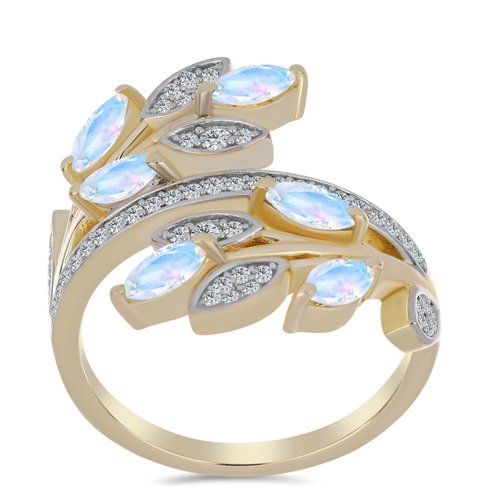 Anel de Prata com Banho de Ouro com Pedra da Lua Arco-íris e Topázio Branco  Contraste: Cabeca de Veado (800)