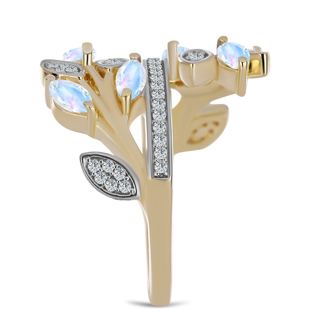 Anel de Prata com Banho de Ouro com Pedra da Lua Arco-íris e Topázio Branco  Contraste: Cabeca de Veado (800) 4 