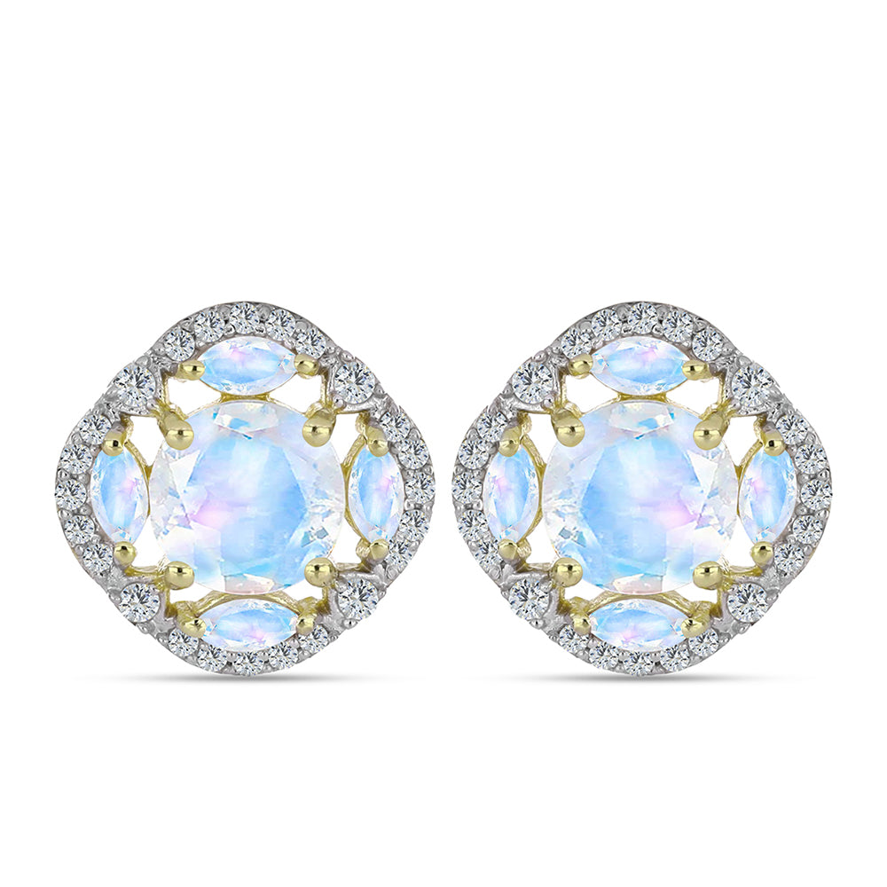 Brincos de Prata com Banho de Ouro com Pedra da Lua Arco-íris