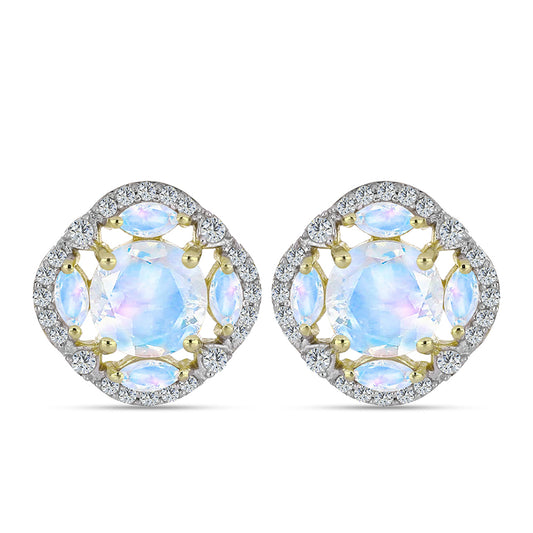 Brincos de Prata com Banho de Ouro com Pedra da Lua Arco-íris