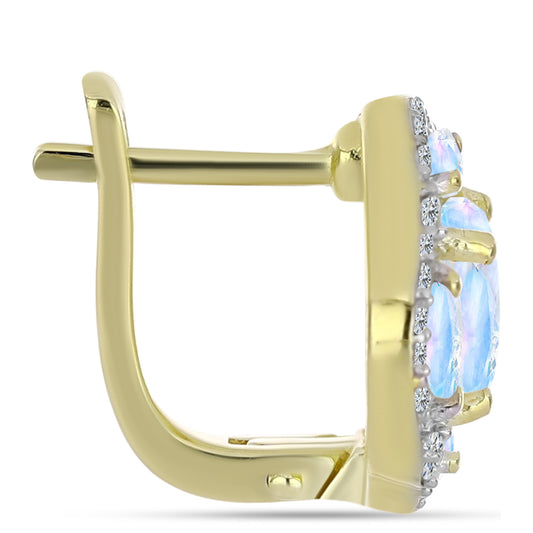 Brincos de Prata com Banho de Ouro com Pedra da Lua Arco-íris