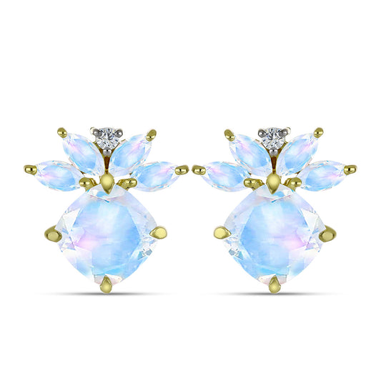 Brincos de Prata com Banho de Ouro com Pedra da Lua Arco-íris