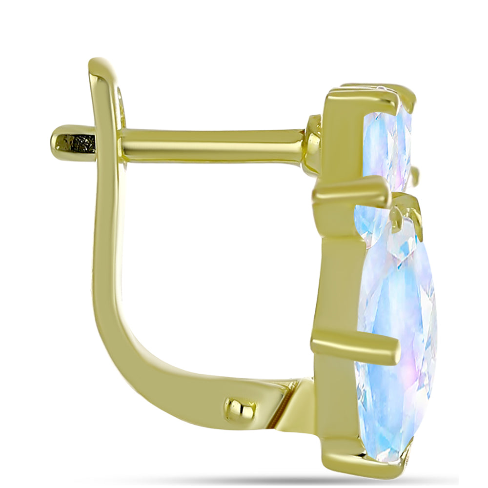 Brincos de Prata com Banho de Ouro com Pedra da Lua Arco-íris 2 