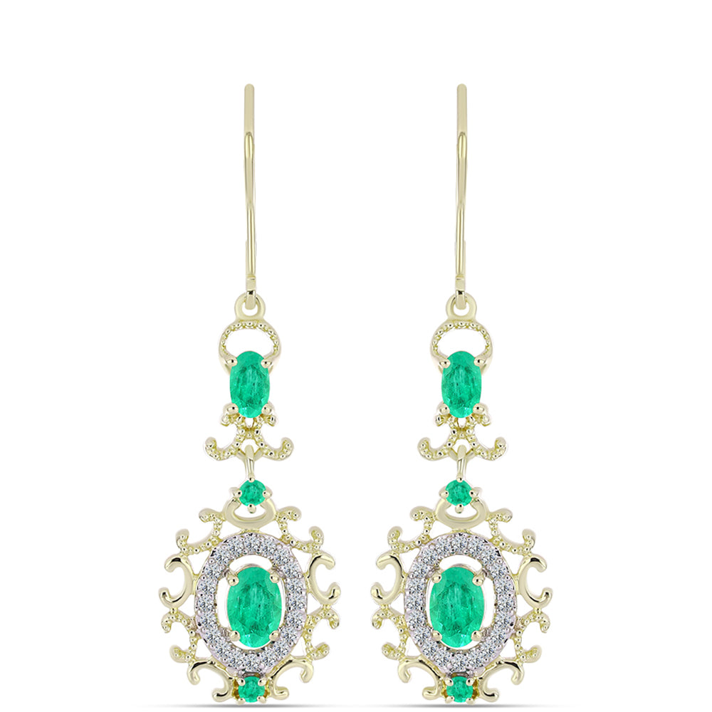 Brincos de Prata com Banho de Ouro com Esmeralda da Colômbia e Diamante Branco
