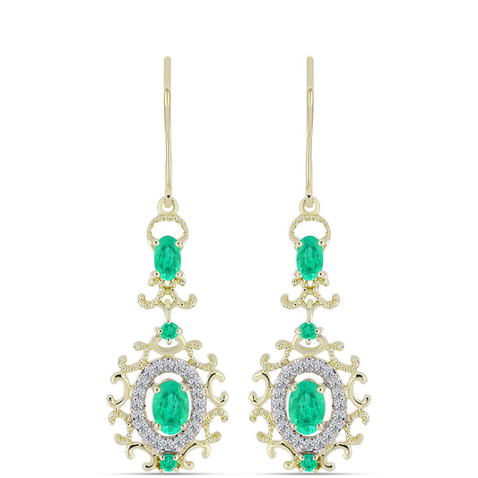 Brincos de Prata com Banho de Ouro com Esmeralda da Colômbia e Diamante Branco