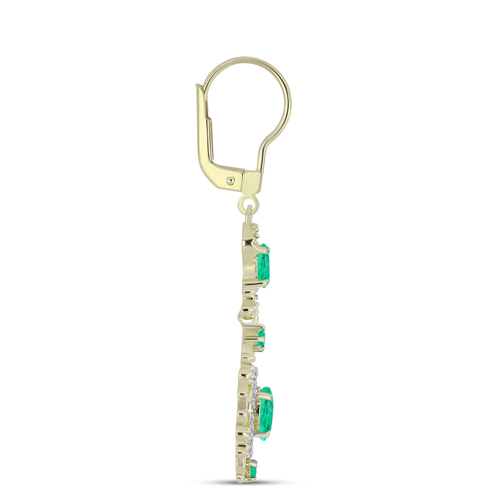 Brincos de Prata com Banho de Ouro com Esmeralda da Colômbia e Diamante Branco 2 