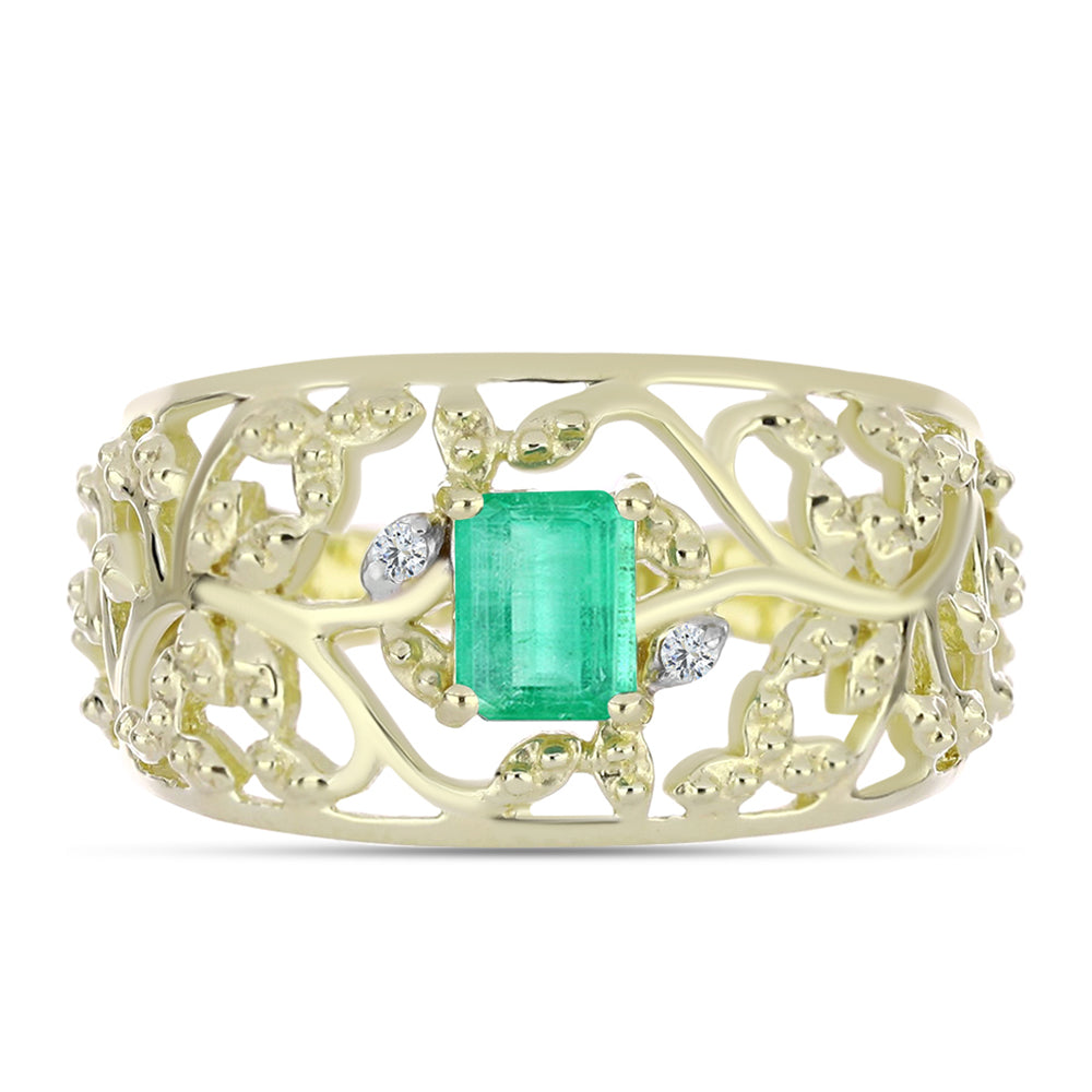 Anel de Prata com Banho de Ouro com Esmeralda da Colômbia e Diamante Branco  Contraste: Cabeca de Veado (800)