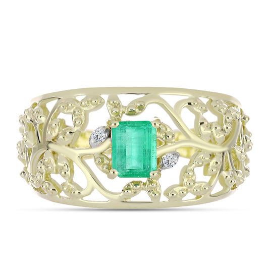 Anel de Prata com Banho de Ouro com Esmeralda da Colômbia e Diamante Branco  Contraste: Cabeca de Veado (800)