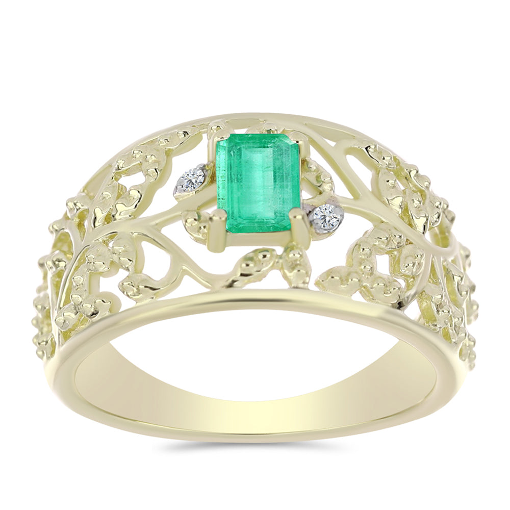 Anel de Prata com Banho de Ouro com Esmeralda da Colômbia e Diamante Branco  Contraste: Cabeca de Veado (800)