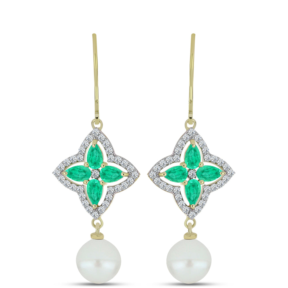 Brincos de Prata com Banho de Ouro com Esmeralda da Colômbia e Pérola de Água Doce Branca 1 