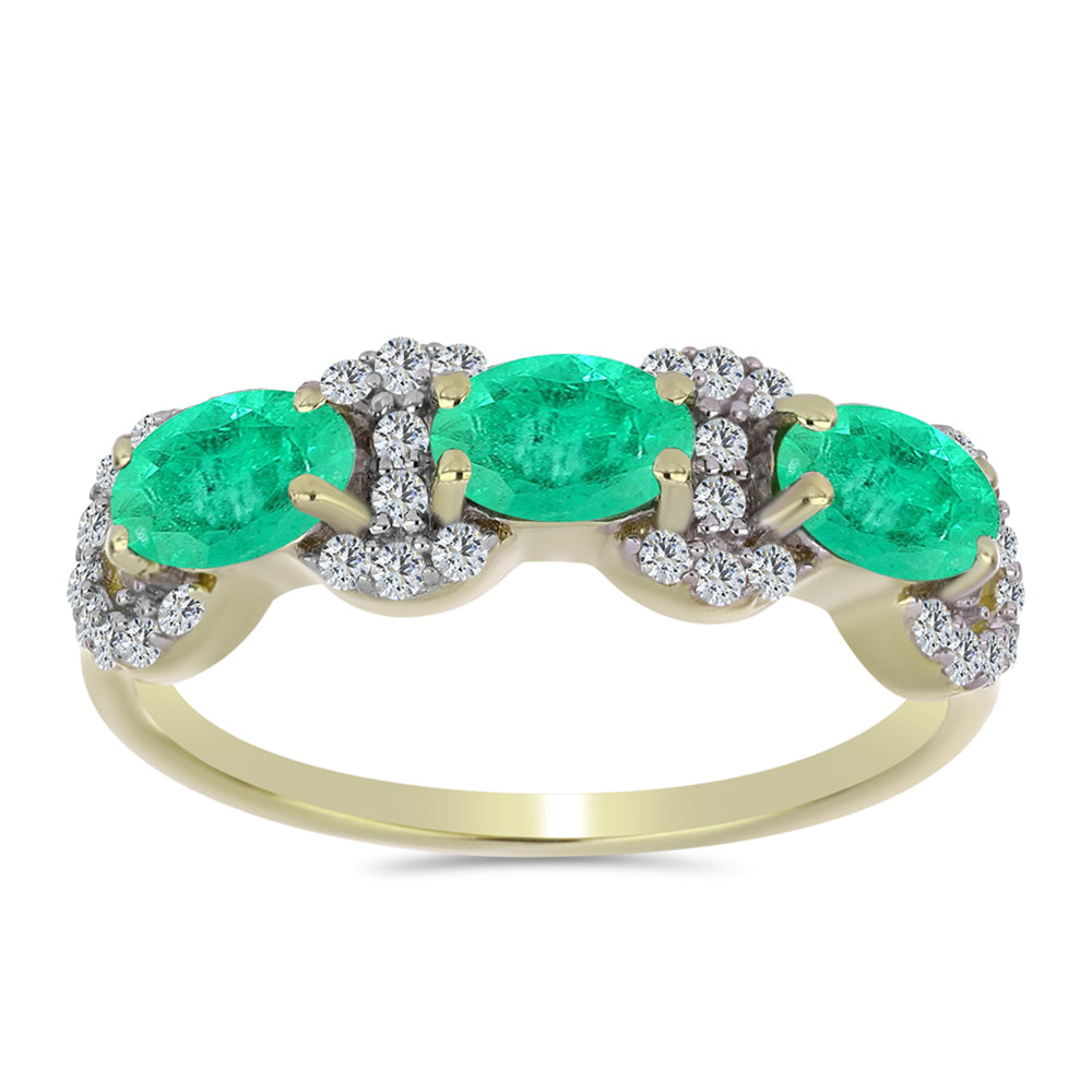 Anel de Prata com Banho de Ouro com Esmeralda da Colômbia e Diamante Branco