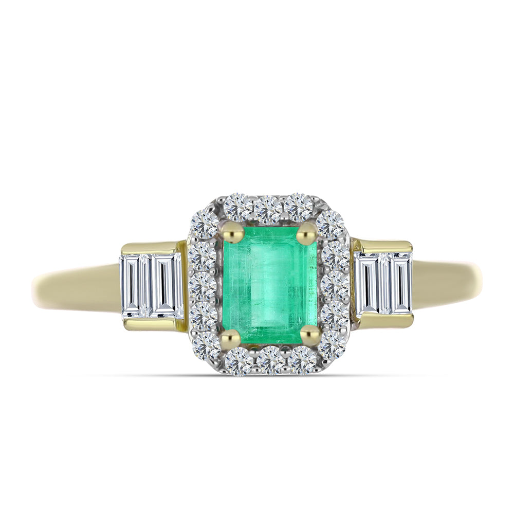 Anel de Prata com Banho de Ouro com Esmeralda da Colômbia e Diamante Branco