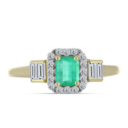 Anel de Prata com Banho de Ouro com Esmeralda da Colômbia e Diamante Branco