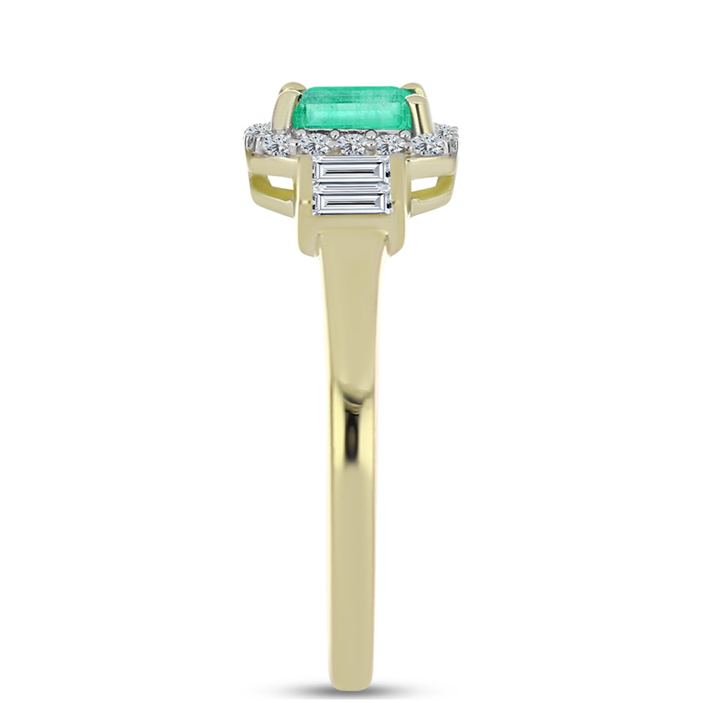 Anel de Prata com Banho de Ouro com Esmeralda da Colômbia e Diamante Branco